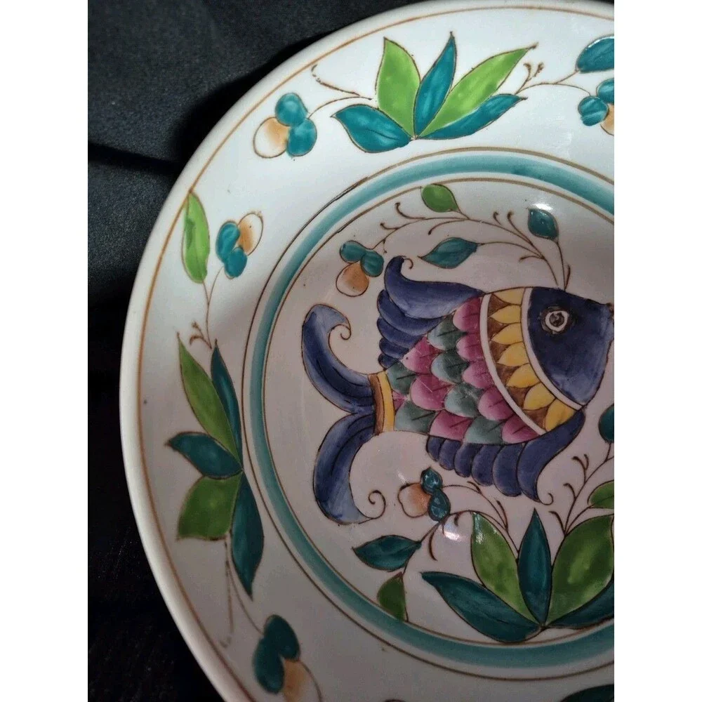 Lrg Decorative Fish Bowl Pottery Hand Painted Nautical Beach Condo Airbnb 10